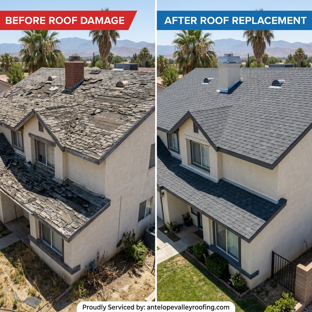 Before and after roof replacement showing damaged shingles replaced with a new roof