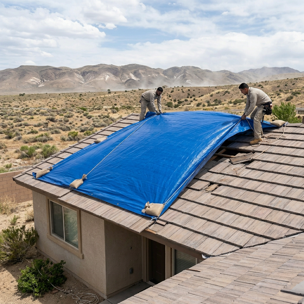 Emergency tarp installed on a high-desert roof