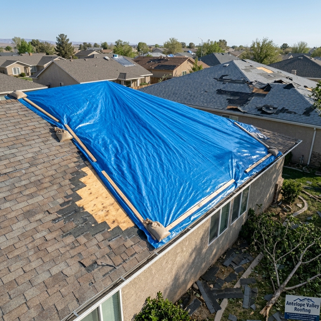 Blue tarp protecting a storm damaged roof after wind damage
