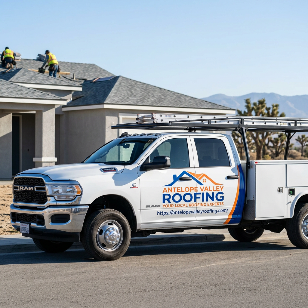 Roofing truck and crew preparing materials for an Antelope Valley roof replacement