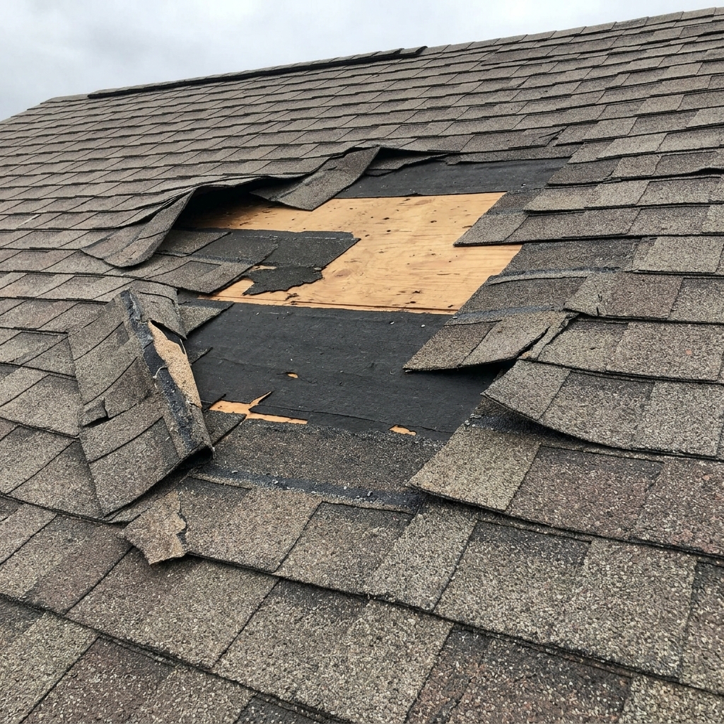 Damaged shingle roof section before repair