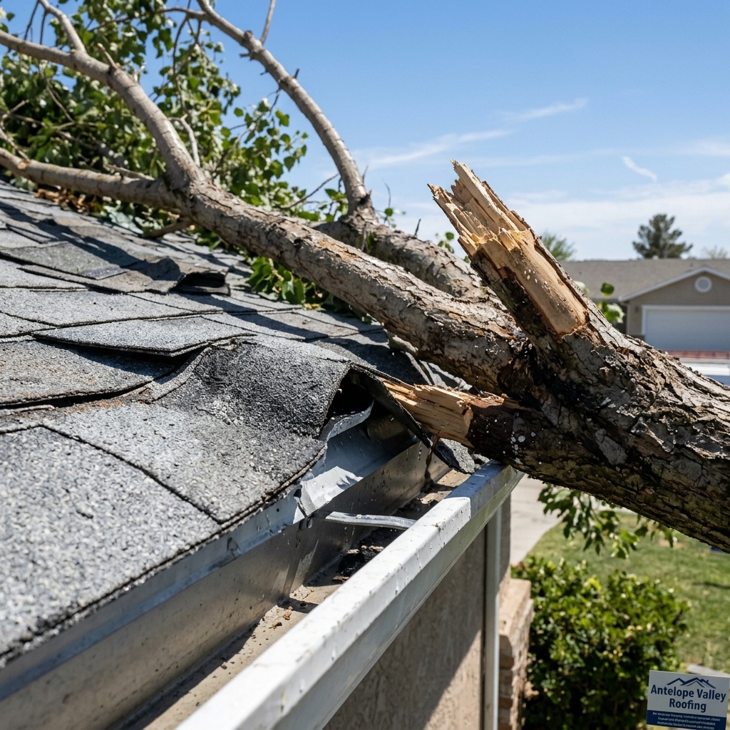 Tree limb damage along a roof edge and gutter