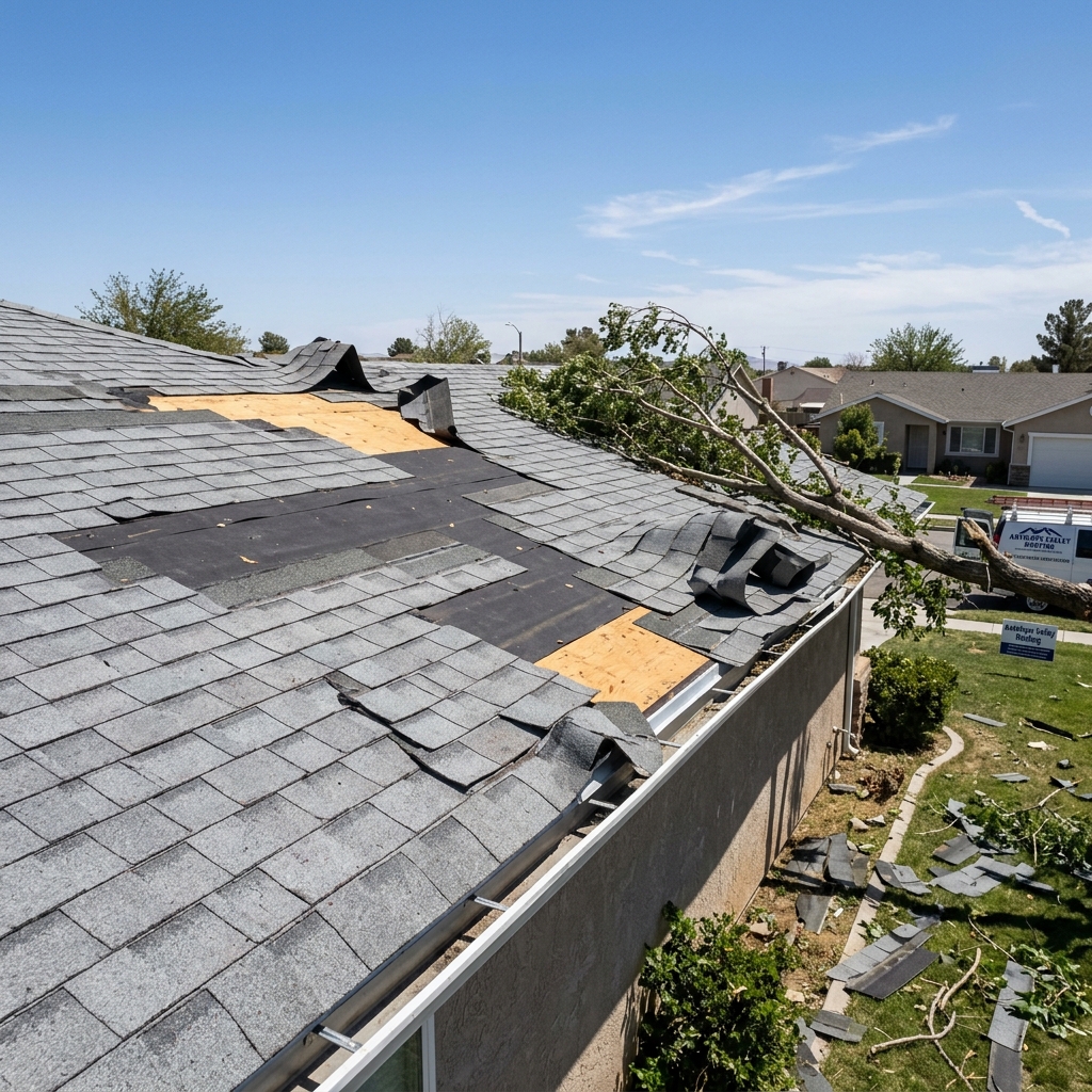 Wind damaged roof section used to compare repair and replacement
